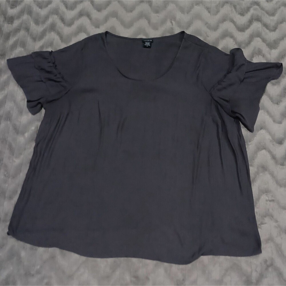 Torrid Womens Size 3 Gray Short Sleeve Ruffle Semi Sheer Blouse Shirt